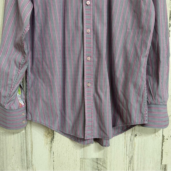 Robert Graham Button Down Floral Flip Cuff Shirt Grey Pink Stripes Size L - Picture 3 of 10